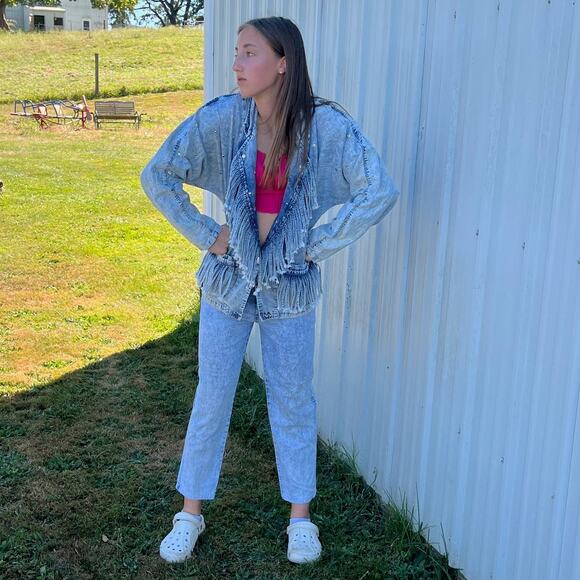 Fringe Acid Wash Denim 2 Piece Jeans Suit Vintage 90s Andiamo Womens Blue Small - Picture 2 of 16